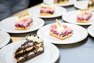 Detail of group of sweet colorful desserts and cakes on white plates. Pink punch cuts, curdled chocolate round cakes.