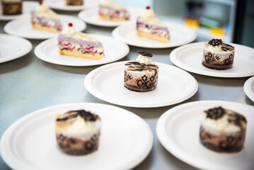 Detail of group of sweet colorful desserts and cakes on white plates. Pink punch cuts, curdled chocolate round cakes.