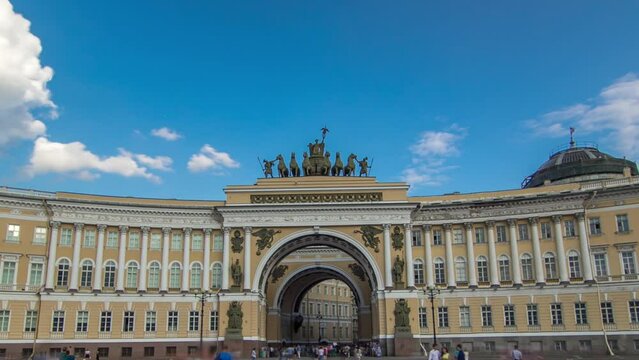 The General Staff building timelapse hyperlapse: A historic landmark on Palace Square in St. Petersburg, Russia. Its construction took place from 1819 to 1829