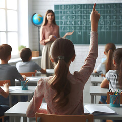 Kid in a classroom rising hand to give answer - obrazy, fototapety, plakaty