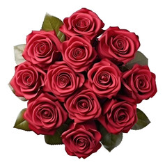 Obraz premium Bouquet of red rose plant with leaves isolated cutout on transparent background. Valentine's day-wedding. advertisement. product presentation. banner, poster, card, t shirt, sticker.