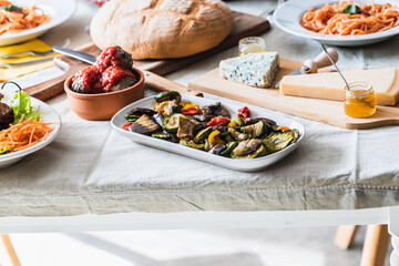 Table set with vegetables and vegan food