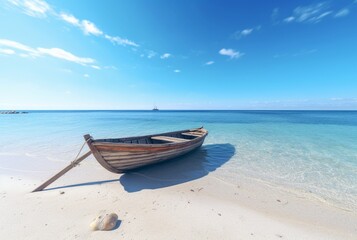 Fototapeta na wymiar beach with bright blue sky and on a wooden boat. generative ai
