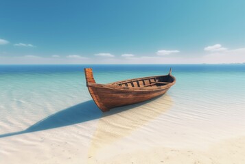 Naklejka premium beach with bright blue sky and on a wooden boat. generative ai