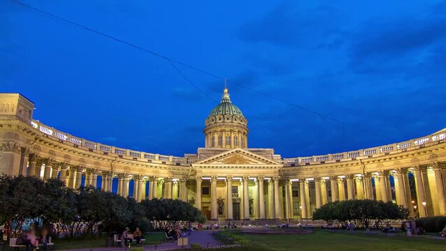 Day to night transition timelapse hyperlapse captures Kazan Cathedral (Kazanskiy Kafedralniy Sobor) in St. Petersburg during the White Nights of summer