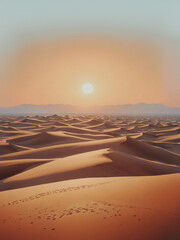 Fototapeta na wymiar illustrazione di paesaggio desertico con dune e sabbia, montagne e sole al tramonto all'orizzonte