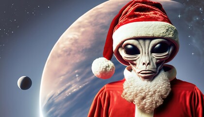 Eccentric shot of a funny alien dressed as Santa Claus. Merry Christmas and Happy New Year. Illustration from generative AI - obrazy, fototapety, plakaty