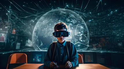 Smart curious schoolboy pupil with VR glasses googles studying the astronomy space and neural connections of the brain in a classroom at school. Simulation science. Student uses a virtual reality - obrazy, fototapety, plakaty