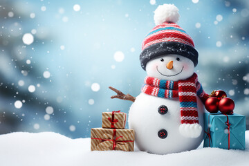 Fototapeta premium Cute snowman with gifts in snowy background wallpaper for Christmas card. Merry Xmas in December. Generative AI