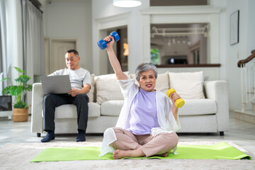Portrait of sport senior asian woman training and sitting relax practicing yoga, elderly health, fitness, exercise, wellness, workout, sport at home.retirement concept.Fitness and senior healthy - obrazy, fototapety, plakaty