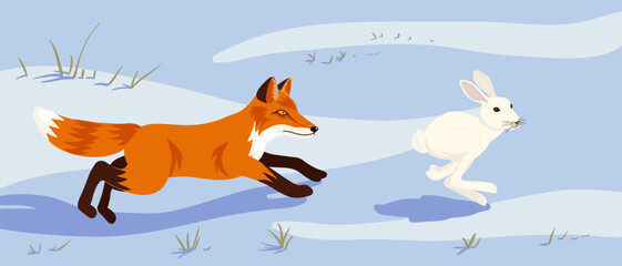 vector drawing fox catches up with rabbit at winter snow, hand drawn animals isolated at white background , cartoon style character