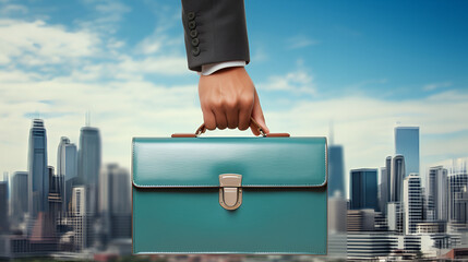 A professional's hand holding a teal briefcase - obrazy, fototapety, plakaty