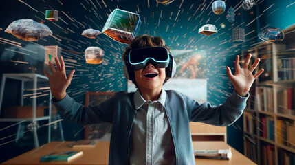 Happy smiling surprised school boy student has a great brilliant idea with VR virtual glasses and digital hologram. Classroom background. A kid pupil creative solution while studying. Brainstorm idea