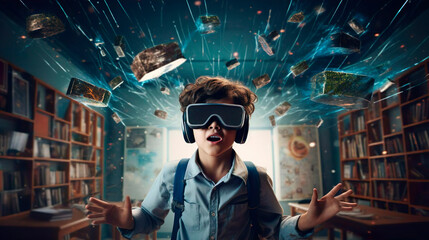 Surprised schoolboy boy pupil with VR glasses studying at classroom. Simulation science. Student uses a virtual reality headset to study. Futuristic lifestyle learning mathematics and geometry - obrazy, fototapety, plakaty