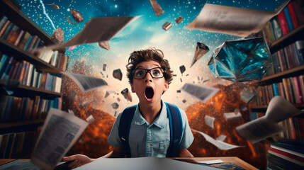 Amazed school boy student has a great brilliant idea. Floating flying books and library shelves background. A kid pupil creative solution while studying in the classroom or campus. Brainstorm idea - obrazy, fototapety, plakaty