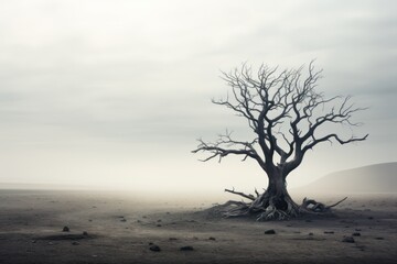 Drought climate concept. Dry tree silhouette, dead tree trunk and branches in an arid landscape, copy space. 