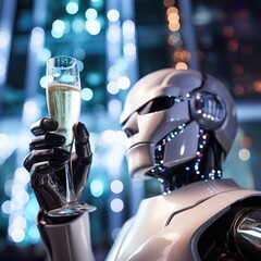 a robot celebrating New Year's Eve with a champagne glass in the future