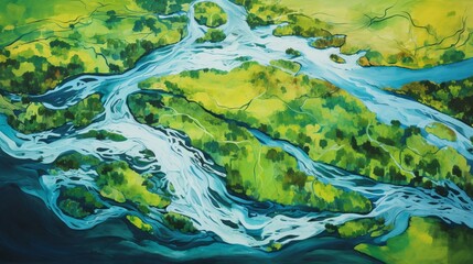 An abstract aerial view of a river winding through lush green landscapes, creating a picturesque and serene natural setting.