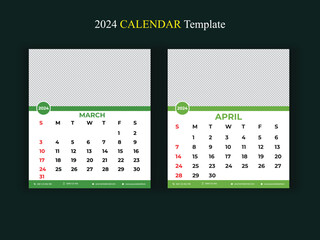 Minimal style 2024 wall calendar layout design. Yearly stationary diary calendar design for new year.