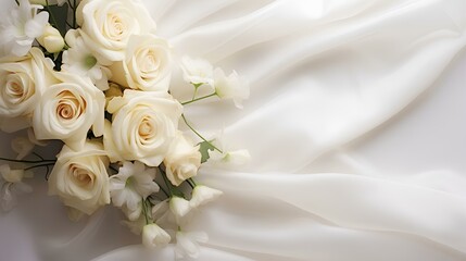 Wedding white bouquet of roses on silk fabric with an empty space.