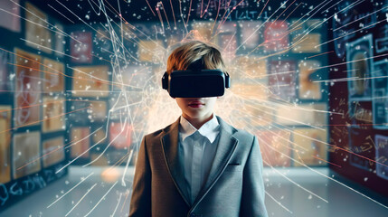 Smart curious school boy pupil with VR glasses googles studying the contemporary art and paintings in the museum. Simulation science. Student uses a virtual reality headset to study. Futuristic gadget - obrazy, fototapety, plakaty