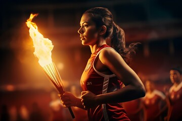 A female athlete runs with a torch through the stadium, holding the Olympic flame. - obrazy, fototapety, plakaty