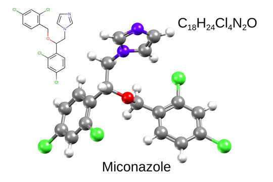 Chemical formula, structural formula and 3D ball-and-stick model of an antifungal agent miconazole