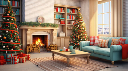 Naklejka na ściany i meble Interior of decorated living room with Christmas tree and comfortable sofa for family comeliness