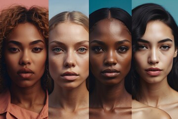 Set of multi racial women with different skin tones in gradient.