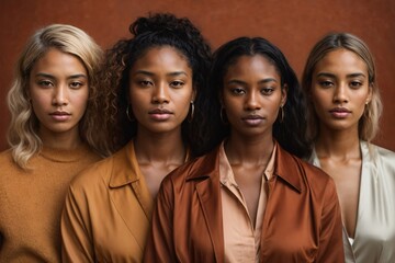 Fototapeta premium Set of multi racial women with different skin tones in gradient.