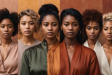 Set of multi racial women with different skin tones in gradient.