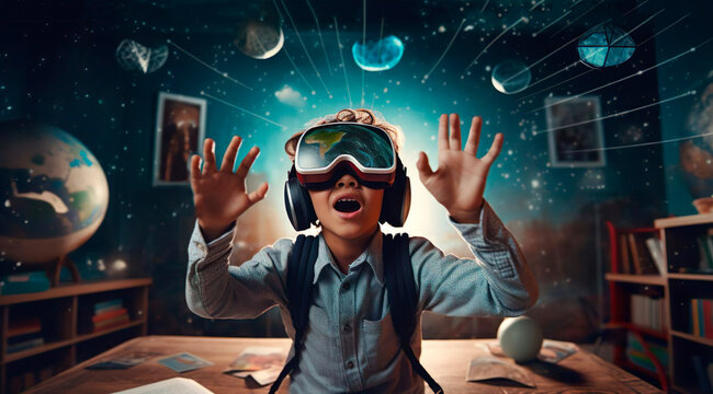 Surprised schoolboy boy pupil with VR glasses studying at classroom. Simulation science. Student uses a virtual reality headset to study. Futuristic lifestyle learning astronomy and planets. Virtual