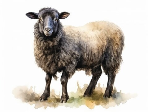 Watercolor Black Sheep Portrait Isolated, Aquarelle Lamb, Creative Watercolor White Sheep