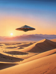 Fototapeta na wymiar illustrazione di paesaggio desertico con nave spaziale aliena sopra dune e sabbia, montagne e sole al tramonto all'orizzonte