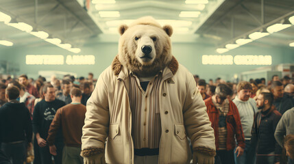 bear with a human body, wearing a coat and standing upright among a crowd of people in an indoor setting