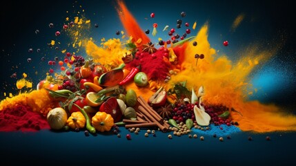 Obraz na płótnie Canvas An abstract composition of colorful spices exploding in mid-air, creating a vibrant and aromatic visual feast.