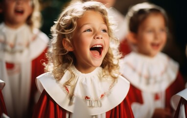 A group of Christian gospel singers celebrating the Lord Jesus Christ. The song spreads blessing, harmony in joy and faith. A group of children in a church. - obrazy, fototapety, plakaty
