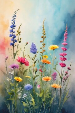 watercolor painting of a field of wildflowers on a rough, textured canvas.