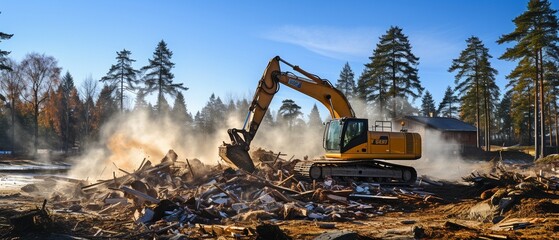 A digger clearing out a home in order to rebuild it.. - obrazy, fototapety, plakaty