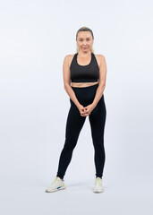 Active and fit physique senior woman portrait with happy smile on isolated background. Healthy lifelong senior people with fitness healthy and sporty body care lifestyle concept. Clout