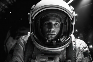 An astronaut gazes out into the vastness of space, encapsulated in his helmet, reflecting the infinite stars that surround him.