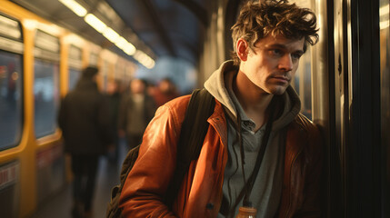 Obraz premium Morning Commute: A portrait of a person waiting at a bus stop or commuting on a train, capturing the everyday hustle and bustle of city life.