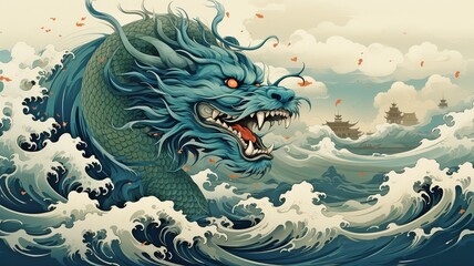 Traditional Chinese dragon artwork soaring through the skies. In Chinese culture and folklore, this dragon is well-known..