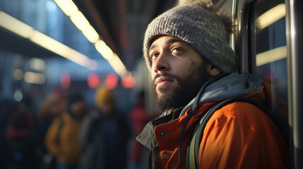 Fototapeta premium Morning Commute: A portrait of a person waiting at a bus stop or commuting on a train, capturing the everyday hustle and bustle of city life.