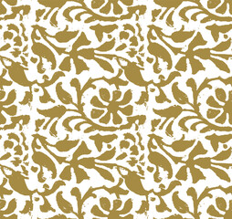 Flower Ornament. Floral Botanical Pattern. Gold Foliage on White Background. Linocut Print. Vector illustration. Fabric and Textile Wallpaper. Folk Rustic Golden Decor.