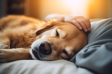 A dog is sleeping comfortably with its owner. - obrazy, fototapety, plakaty