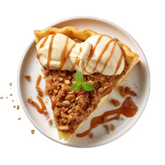 Top view of an apple crumble pie slice Isolated on Transparent or White Background, PNG