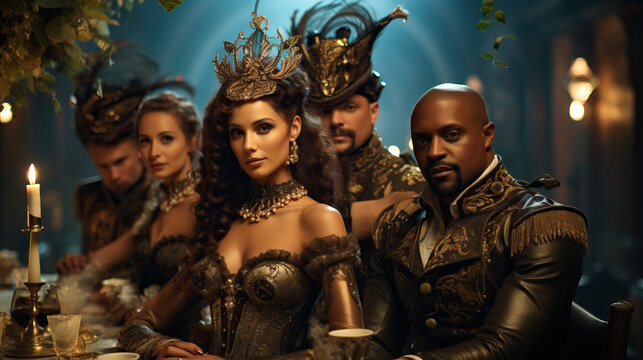 Steampunk Masquerade Ball: A portrait of attendees dressed in steampunk attire, participating in an elaborate and whimsical masquerade event.