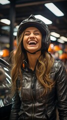 Fototapeta na wymiar Happy woman in store snapping a selfie and testing on a helmet on her smartphone.