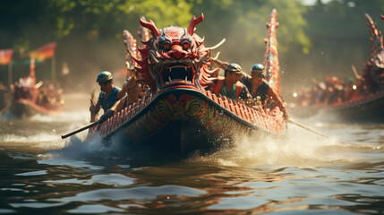 Dragon boat race. Concept Dragon boat race. Concept of Teamwork, Cultural Tradition, and Exciting Water Competitions. Year of dragon. - obrazy, fototapety, plakaty